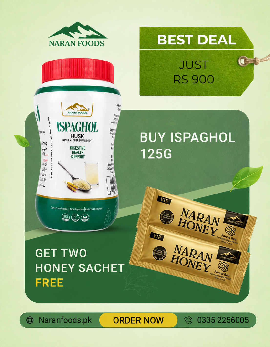Naran Foods Psyllium Husk (Ispaghol) 125g + 2 Free Honey Sachets