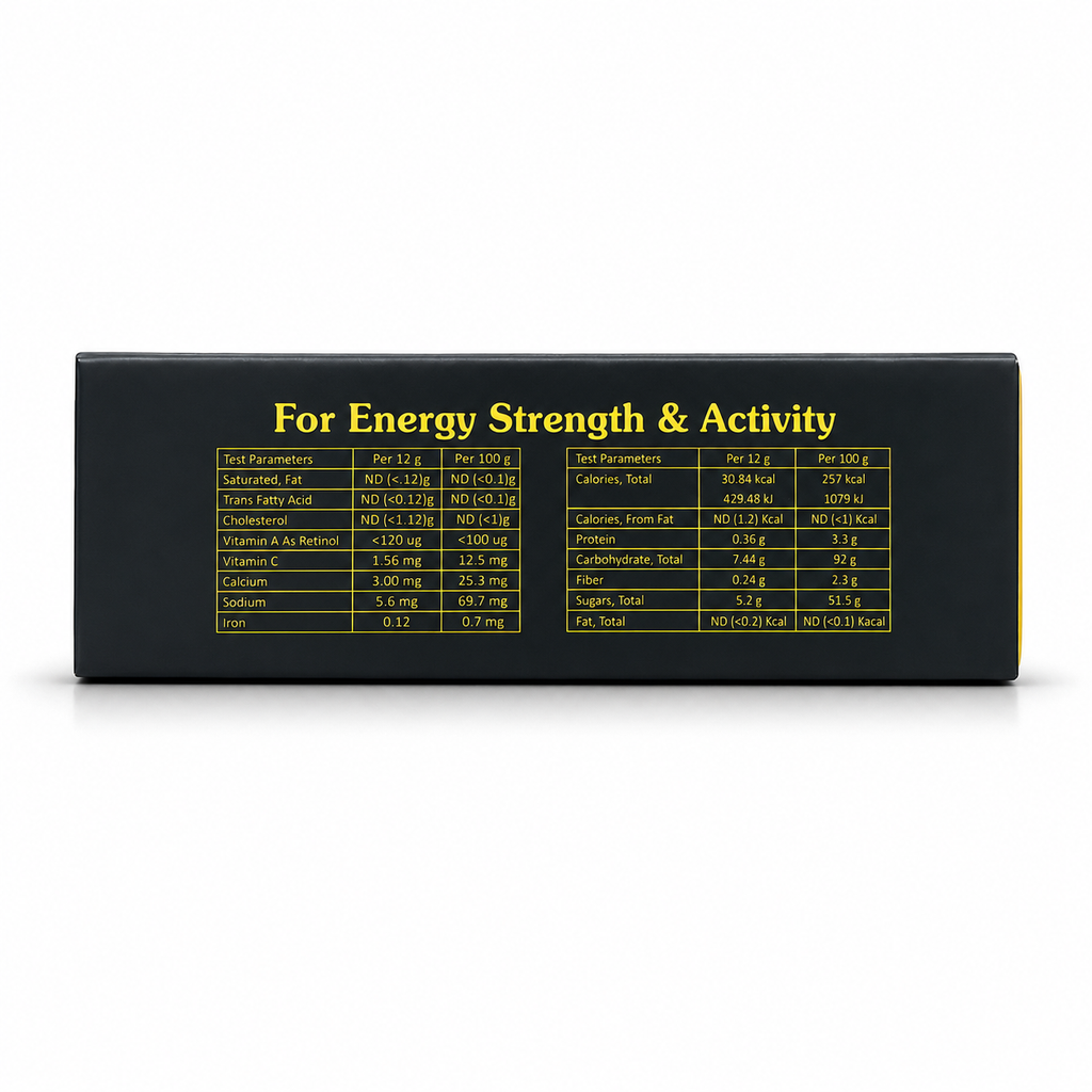 Naran Power Booster nutrition facts label showing calories, protein, carbohydrates and vitamins per 12g