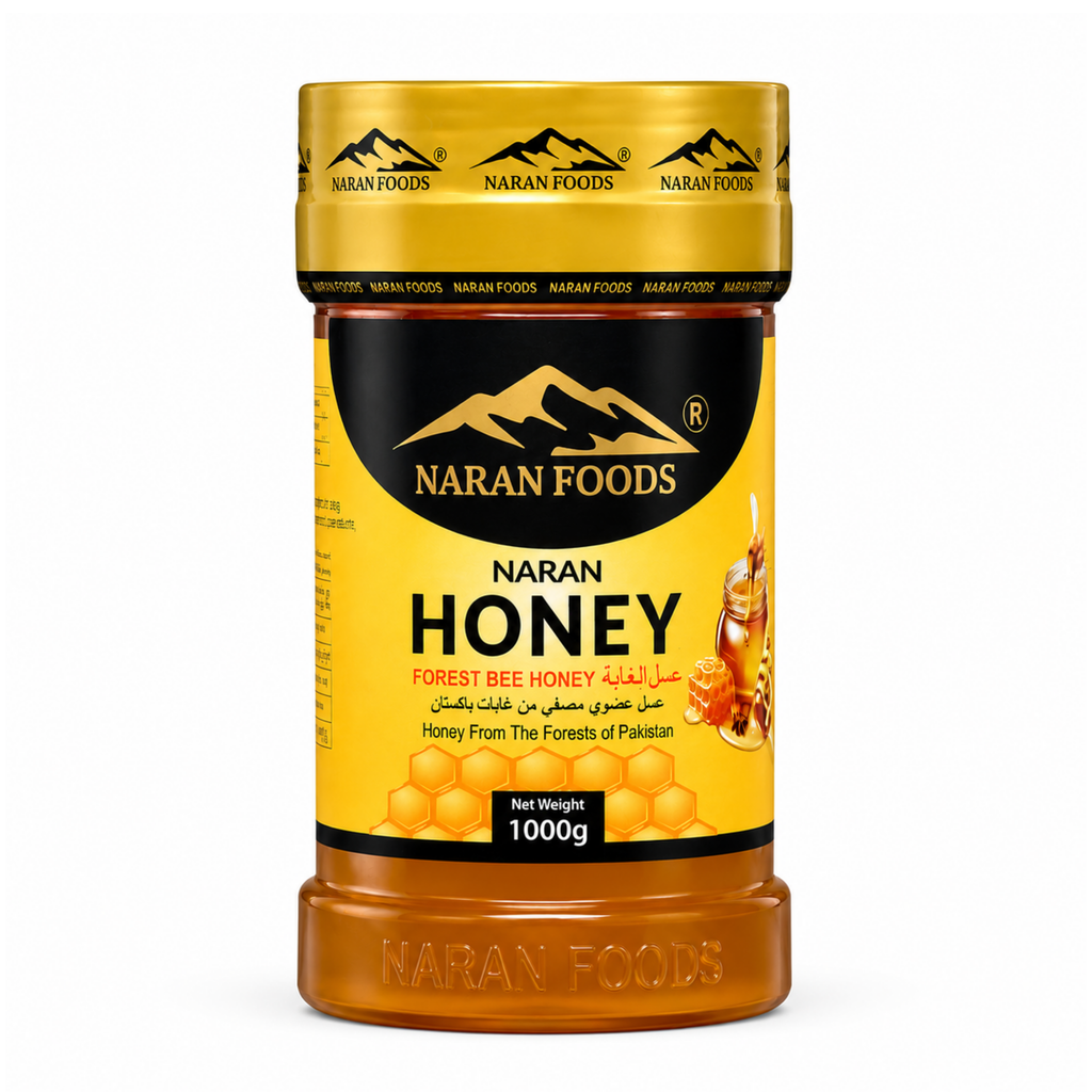 Naran Foods Forest Bee Honey 1000g – pure organic honey from Pakistan's forests in gold-lidded jar.