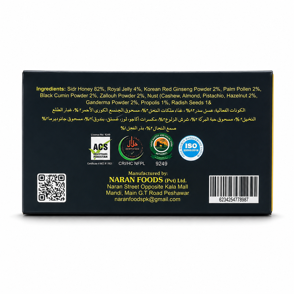 Naran Power Booster ingredients list with Halal and ISO 22000 certification and Naran Foods Peshawar manufacturer details