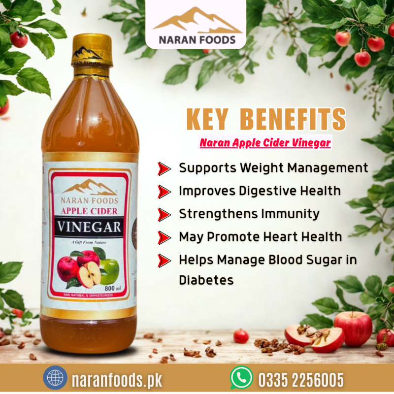 "Naran Foods Apple Cider Vinegar made from pure fermented apples, used for health, salad dressing, and pickles."